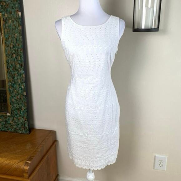 Kasper Size 6 Embroidered Eyelet Sleeveless Sheath Dress White Summer Elegant - Picture 14 of 14
